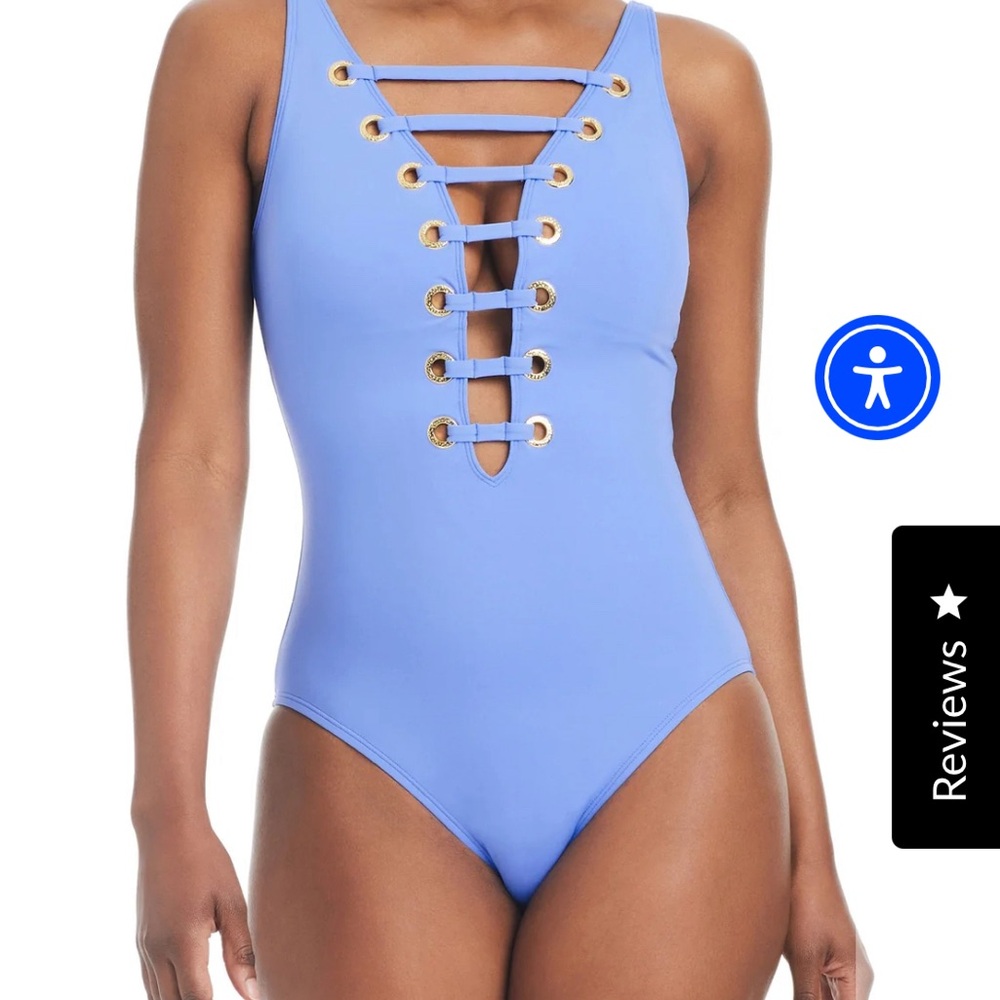 bleu by rod beattie hole in one lattice lavender one piece swim suit